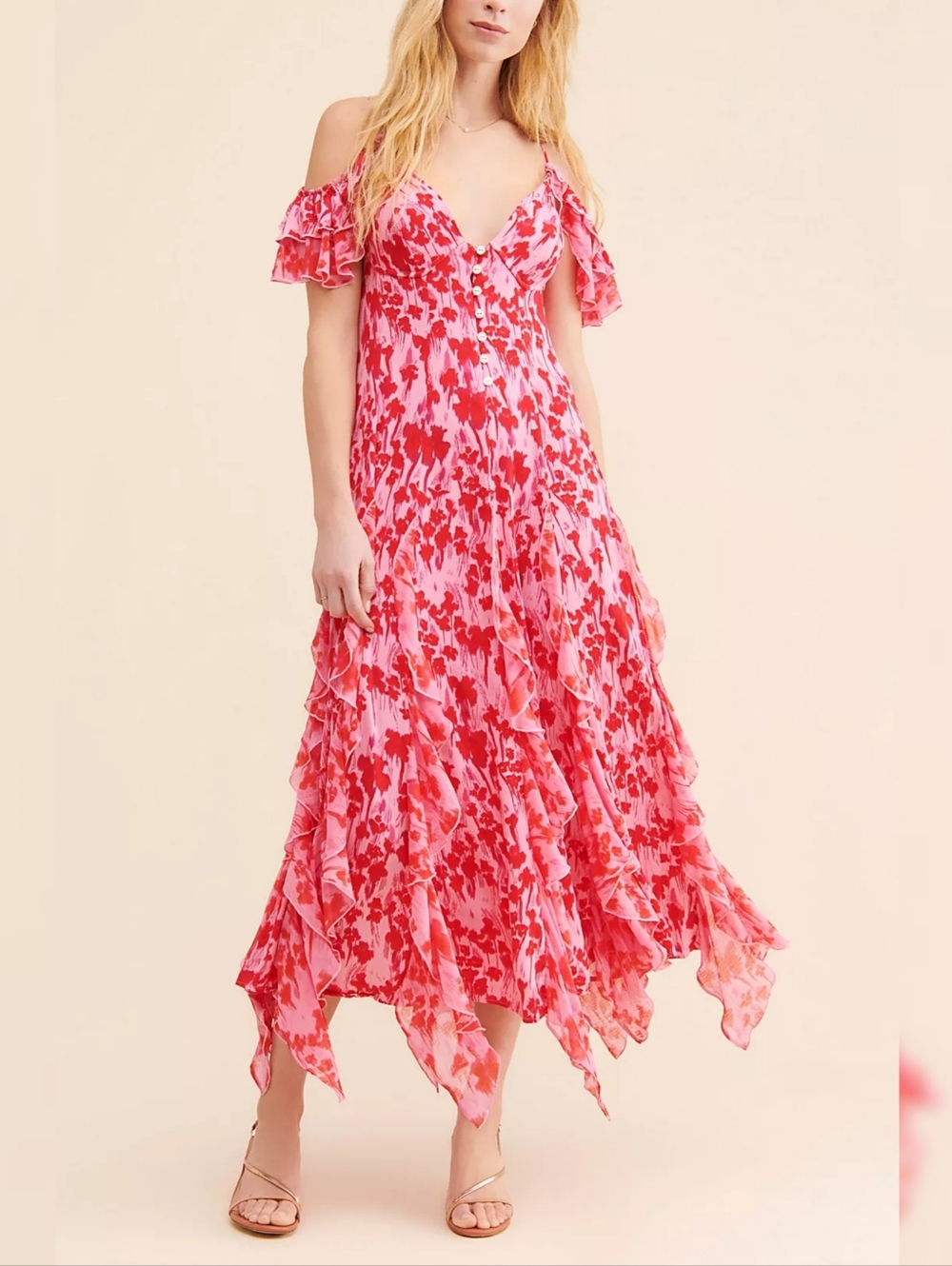 Free People Endless Cascades Maxi Dress Off The Shoulder Pink And Red
